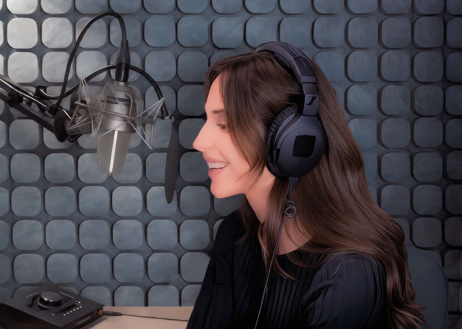 Carolina Riesgo recording at the microphone